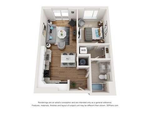Floor plan for 1 bed, 1 bath, 629 sqft